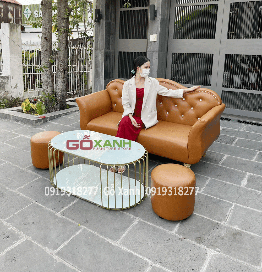 Bộ ghế sofa băng dài 1m7 cổ điển nâu da bò