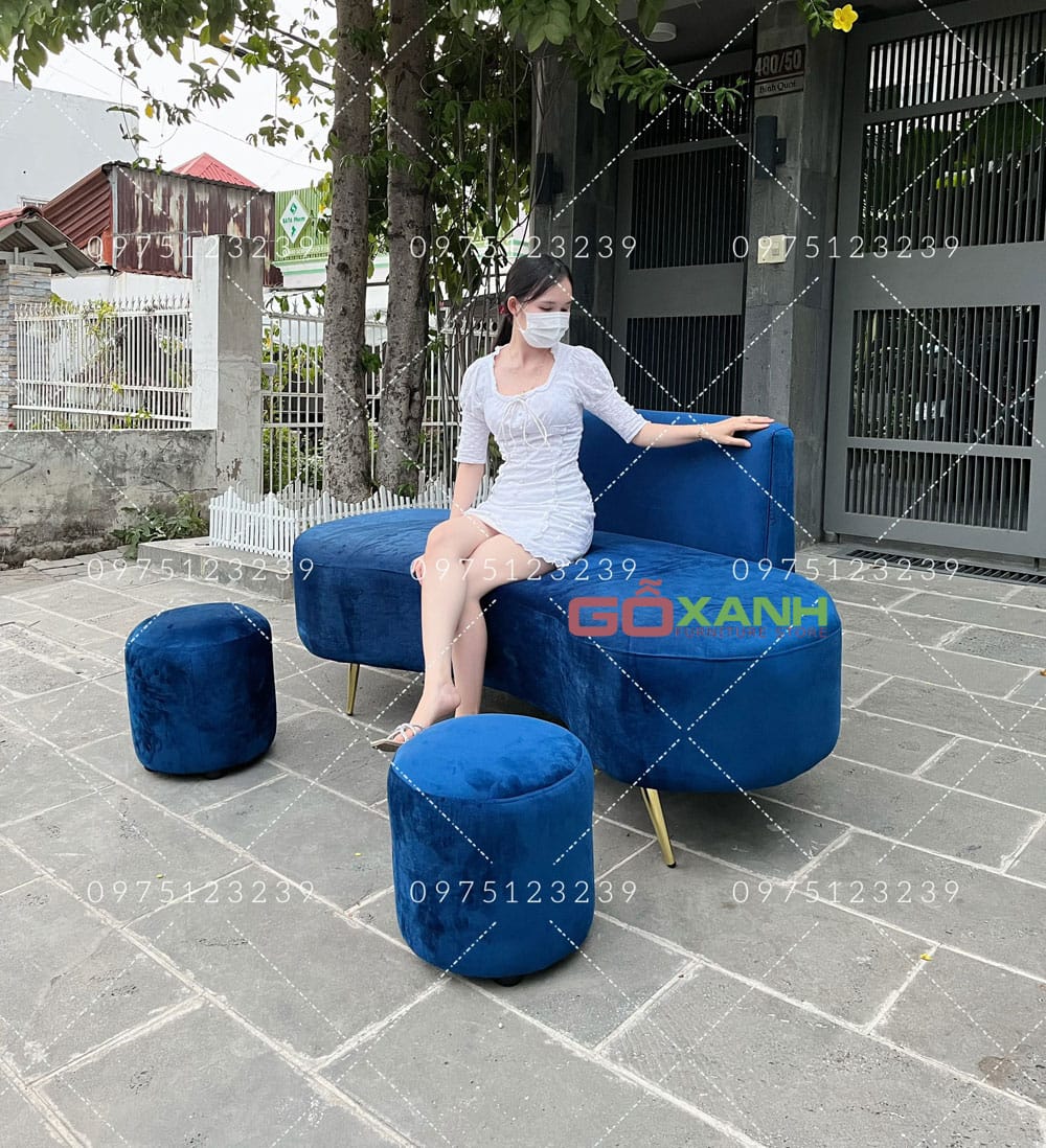 Bộ sofa hình hạt đậu cong 1m7 nhung xanh dương