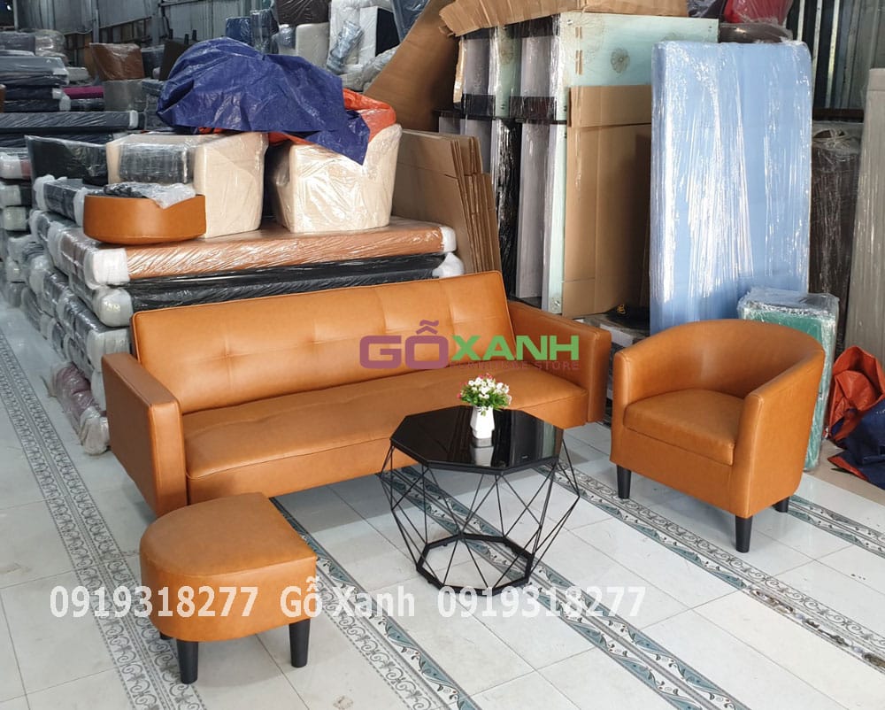 Bộ sofa bed có tay vịn 1m9 màu nâu da bò