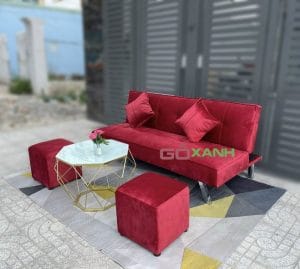 Bộ sofa bed nhung đỏ kèm bàn kim cương mặt ngọc