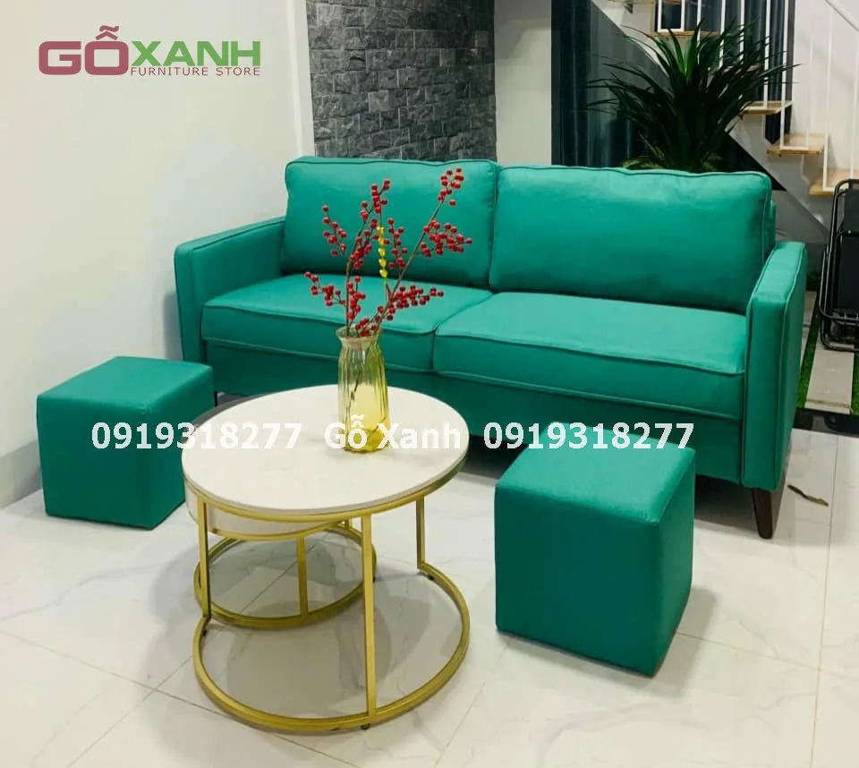 Bộ sofa nệm rời bọc vải xanh ngọc