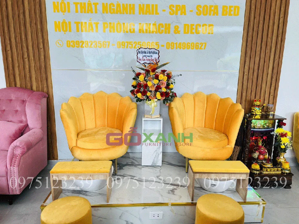Bộ ghế nail hình võ sò nhung vàng