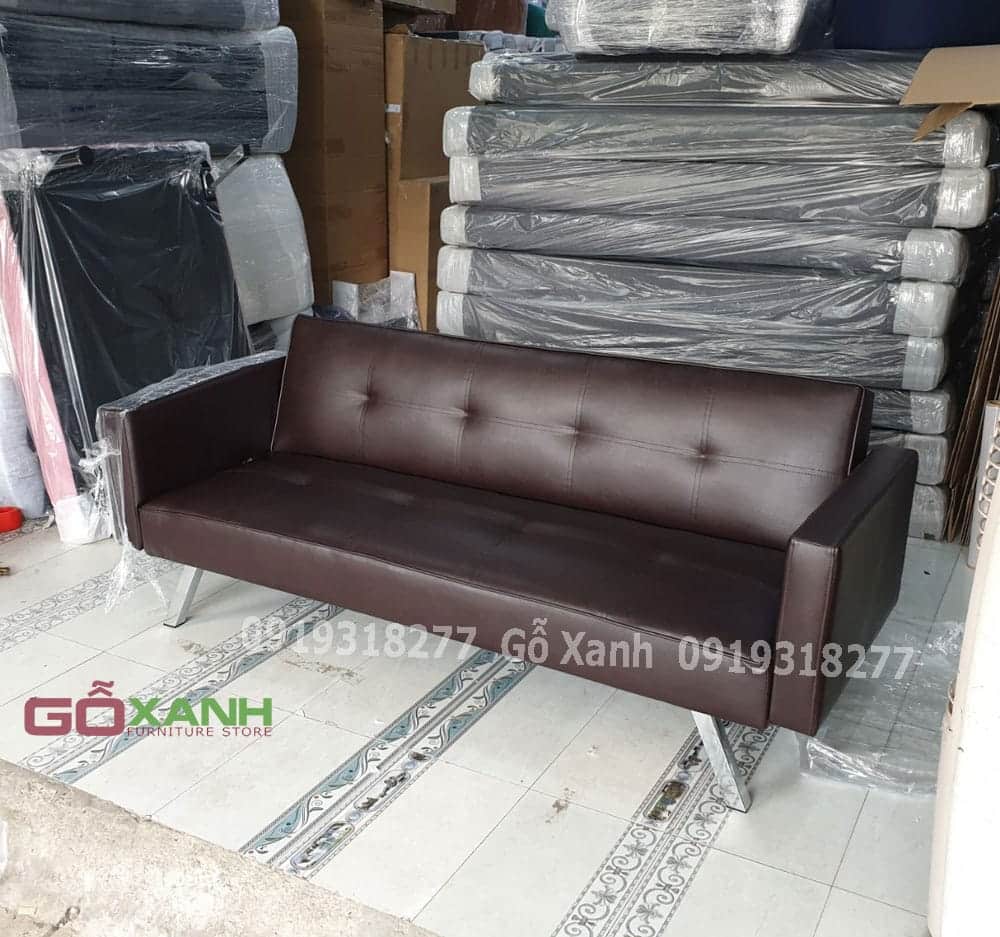 Ghế sofa bed có tay vịn da nâu socola