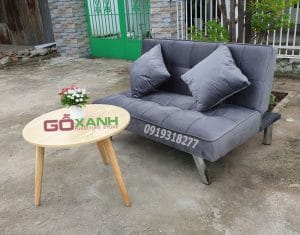 Sofa bed 1m2 nhung xám + 2 gối + bàn trà tròn