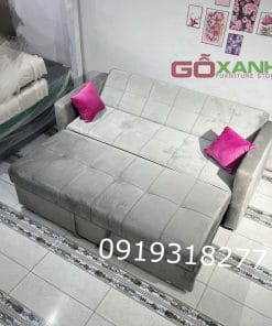 Ghế sofa kéo thành giường vải nhung trắng xám 3